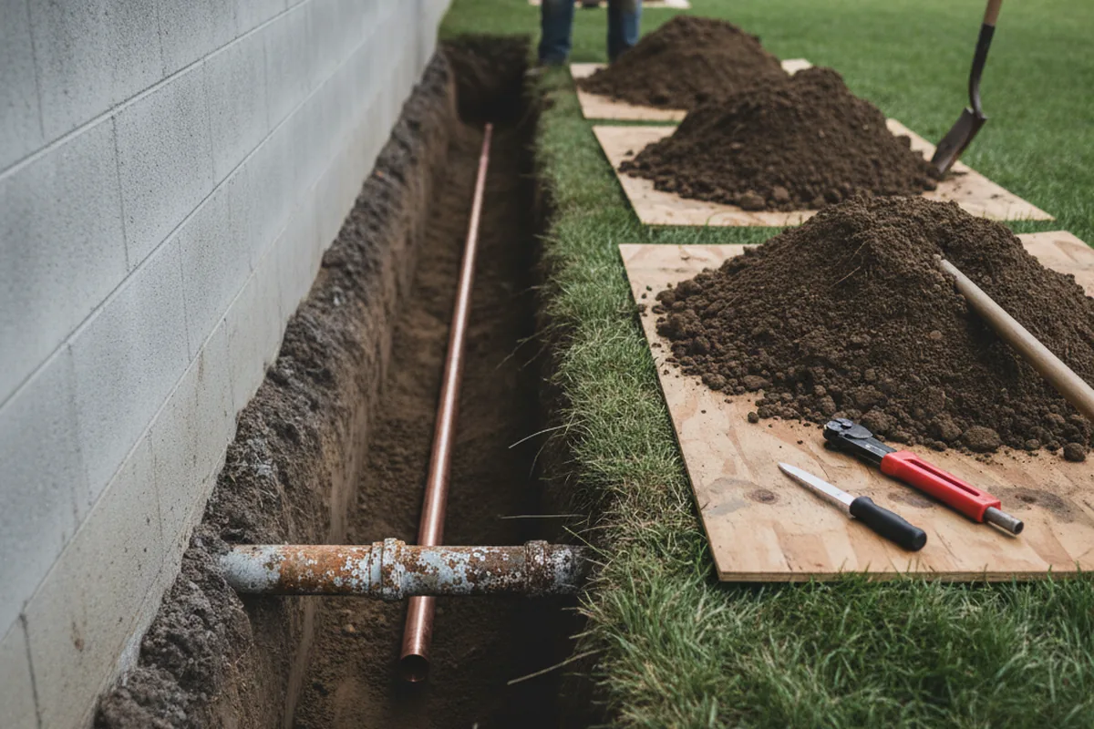 Excavated water line trench during Water Softener Installation in Plummer